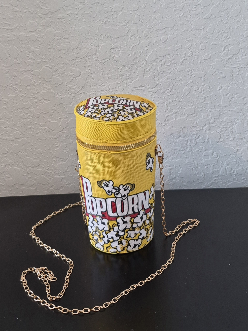 Popcorn Bucket Novelty Crossbody Bag – Yellow Faux Leather, Gold Chain Strap